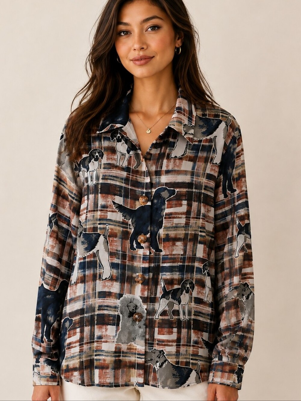 Vintage COMO Dog Print Plaid Blouse 80s 90s 6 Button Up Plaid Animal Retro Brown